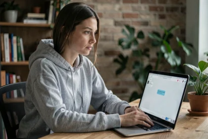 Femme tapant un message anonyme sur son ordinateur portable dans un bureau à domicile discret