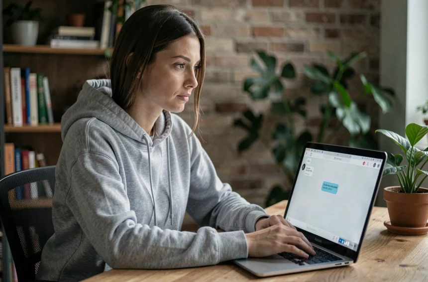 Femme tapant un message anonyme sur son ordinateur portable dans un bureau à domicile discret