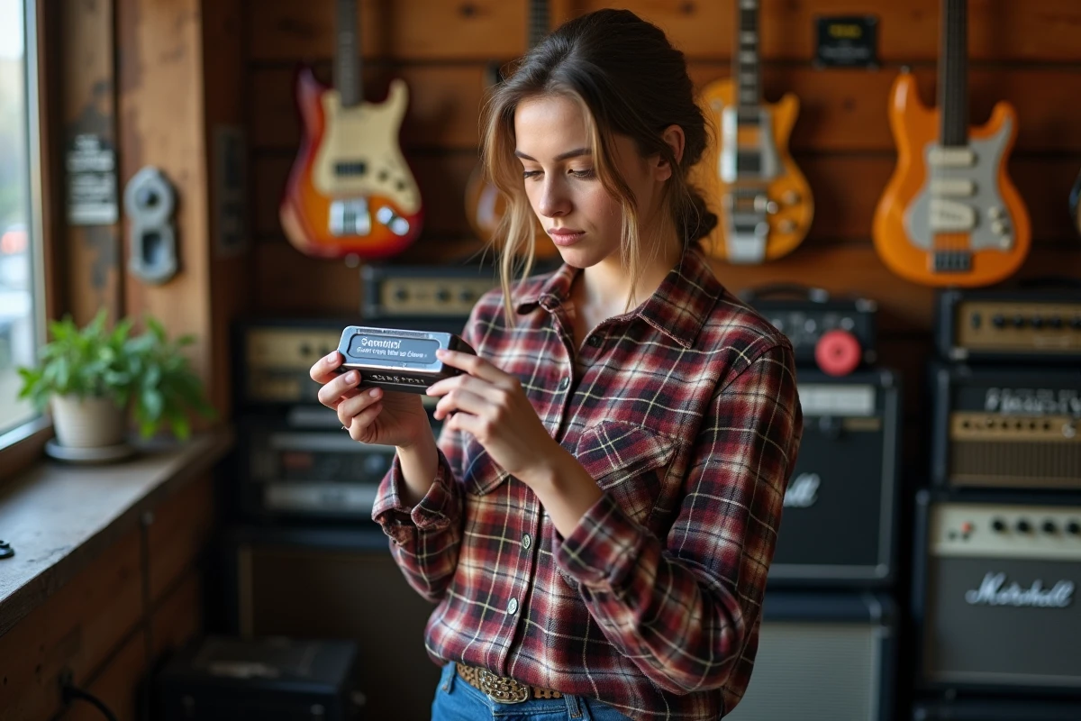 Musicienne évaluant un micro Samarium Cobalt noiseless d'occasion dans un magasin de matériel musical vintage