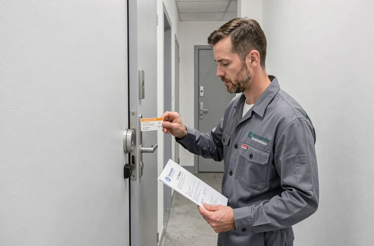 Technicien serrurier apposant une étiquette de conformité sur une serrure neuve dans un immeuble résidentiel au Havre