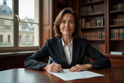 Femme notaire en costume dans un bureau parisien