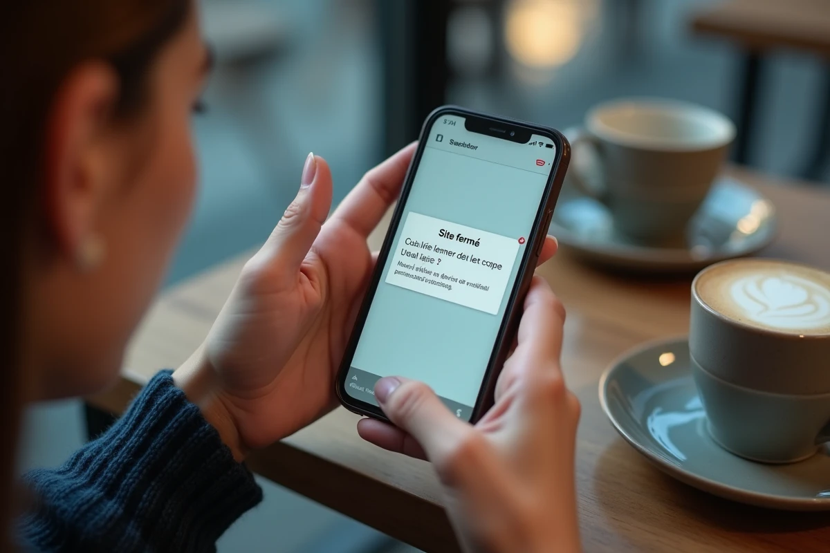 Jeune femme découvrant sur smartphone la fermeture du site de scans manga Reaperscan dans un café
