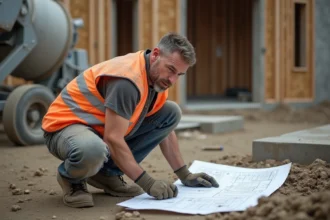 Ouvrier de chantier étudiant des plans de béton coulé sur une fondation de maison individuelle
