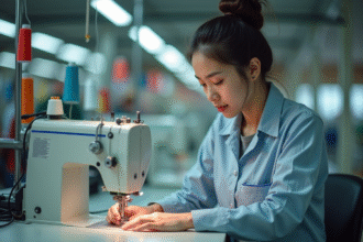 Ouvrier en usine textile utilisant une machine à coudre dans un atelier lumineux