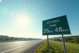 Grand panneau routier affichant miles et kilomètres en plein soleil