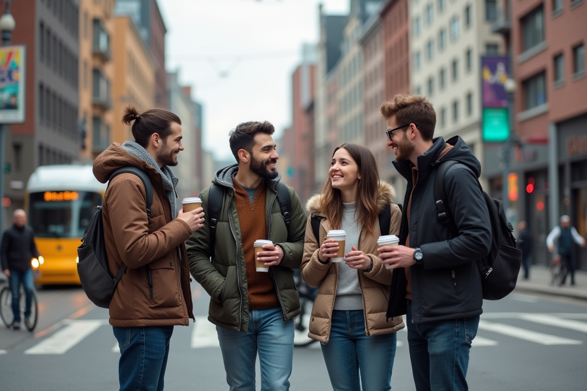 Jeunes adultes discutant à un croisement urbain animé