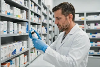 Pharmacien ARC raider en blouse blanche examinant un flacon de médicament dans une officine hospitalière