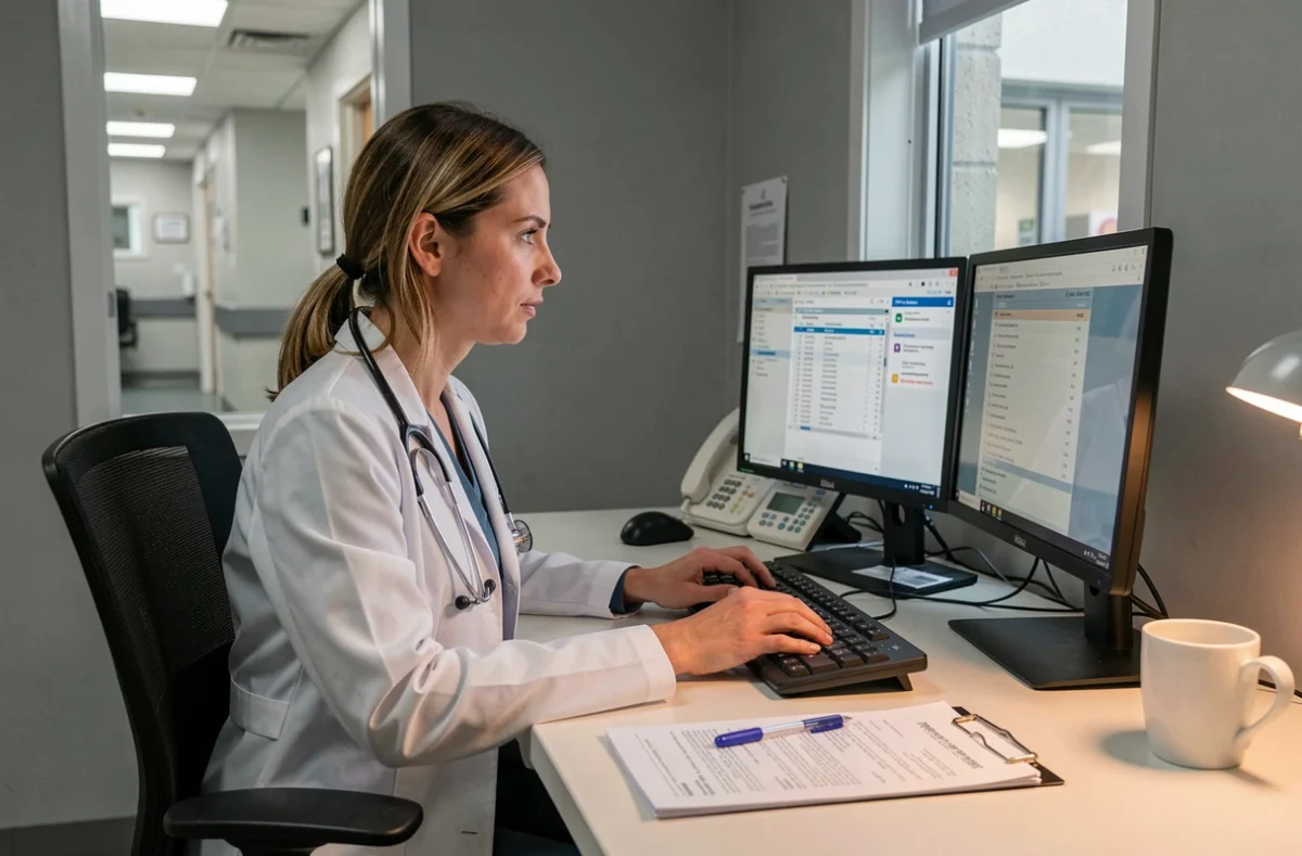 Pharmacienne ARC travaillant sur un poste informatique dans un bureau clinique hospitalier