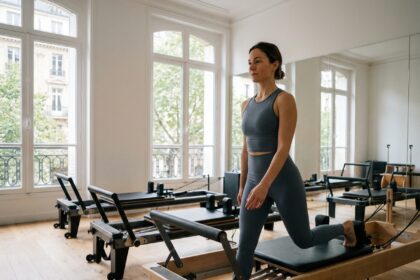 Femme pratiquant le Pilates sur un reformer dans un studio moderne au style épuré près du Parc Monceau à Paris