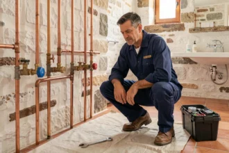 Plombier professionnel travaillant dans une salle de bain rustique du Gers, illustrant le top 10 des plombiers du département en 2026
