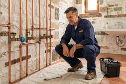Plombier professionnel travaillant dans une salle de bain rustique du Gers, illustrant le top 10 des plombiers du département en 2026