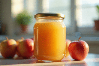 Pot de compote de pommes maison sur le plan de travail