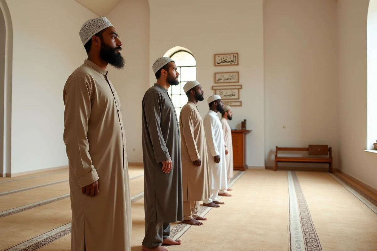 Rangée de fidèles en prière collective dans une mosquée de Compiègne lors de la prière du dhuhr