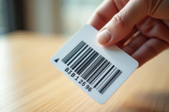 Zoom sur une main tenant une carte avec un code-barres noir et blanc
