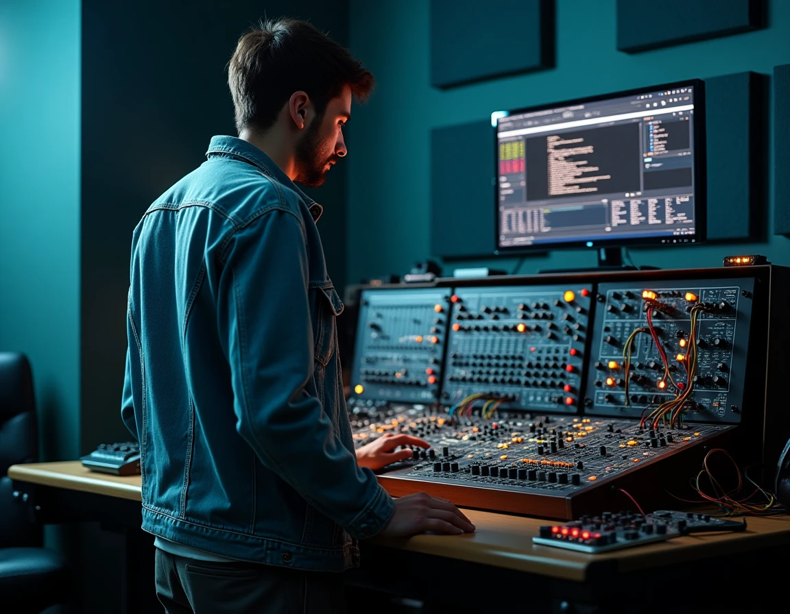 Producteur de musique électronique devant un synthétiseur modulaire en studio d'enregistrement