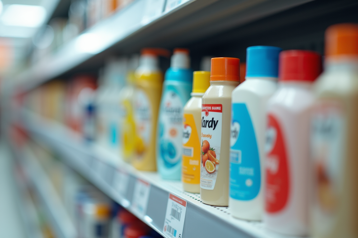 Produits en rayon avec étiquettes code-barres visibles en supermarche