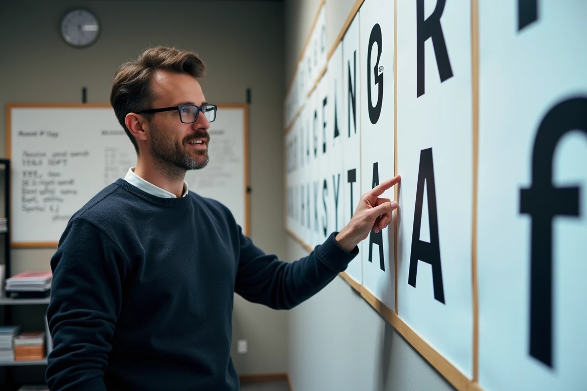 Professeur de design expliquant les différences entre polices serif et sans serif devant un mur typographique
