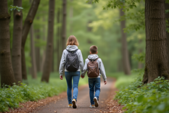Un jeune garçon et sa mère marchent dans la forêt verdoyante