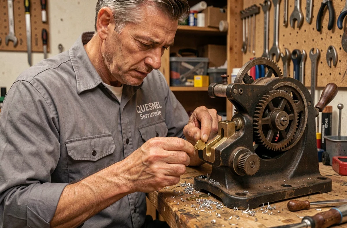 Artisan de QUESNEL Serrurerie à Caen reproduisant une clé sur une machine à tailler dans un atelier spécialisé