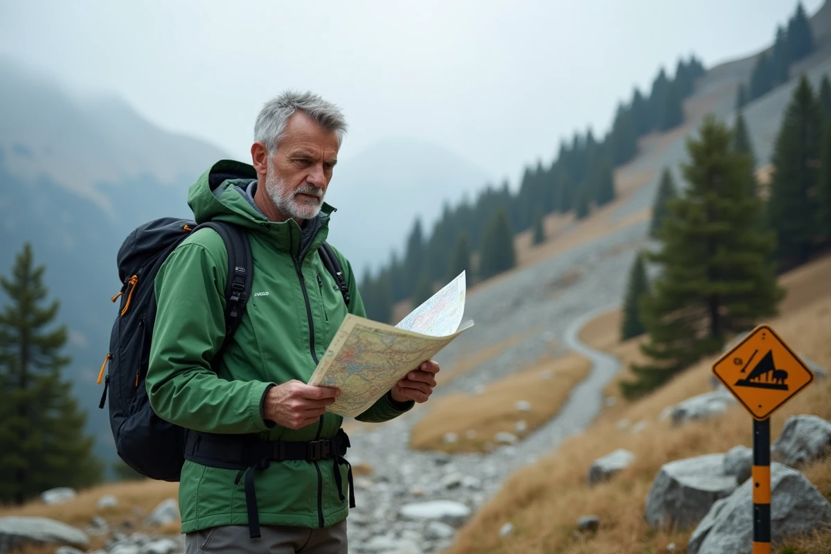 Randonneur consultant une carte topographique devant un panneau de pourcentage de pente en montagne