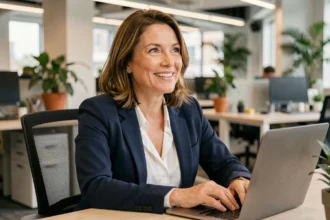 Femme professionnelle souriante répondant à un souhait de Saha Ftourek dans un bureau moderne