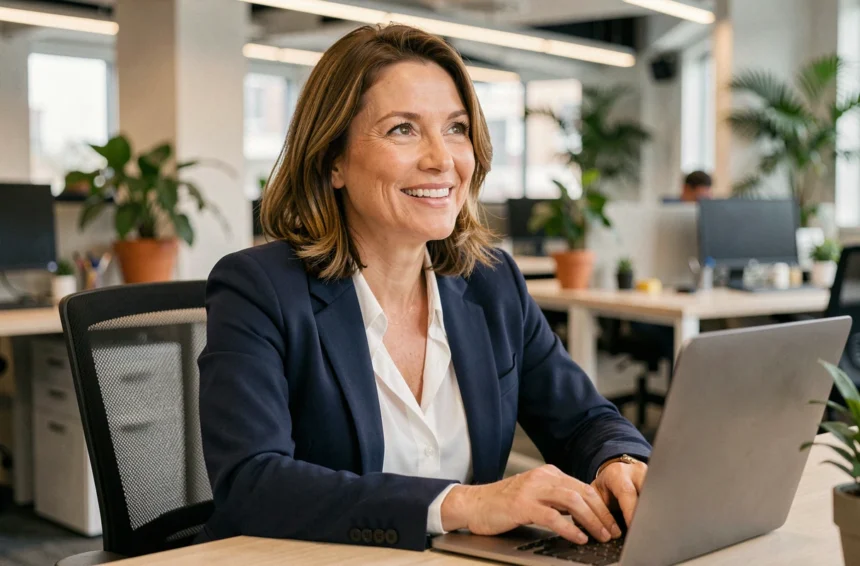 Femme professionnelle souriante répondant à un souhait de Saha Ftourek dans un bureau moderne