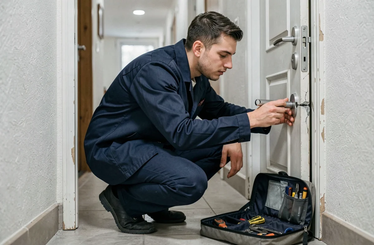Romain Lutinier, jeune serrurier à Caen, inspectant une serrure endommagée sur la porte d'un appartement résidentiel