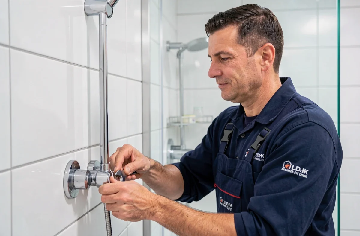Serge Berdoulat, plombier à Mirande, posant un système de douche thermostatique dans une salle de bain moderne