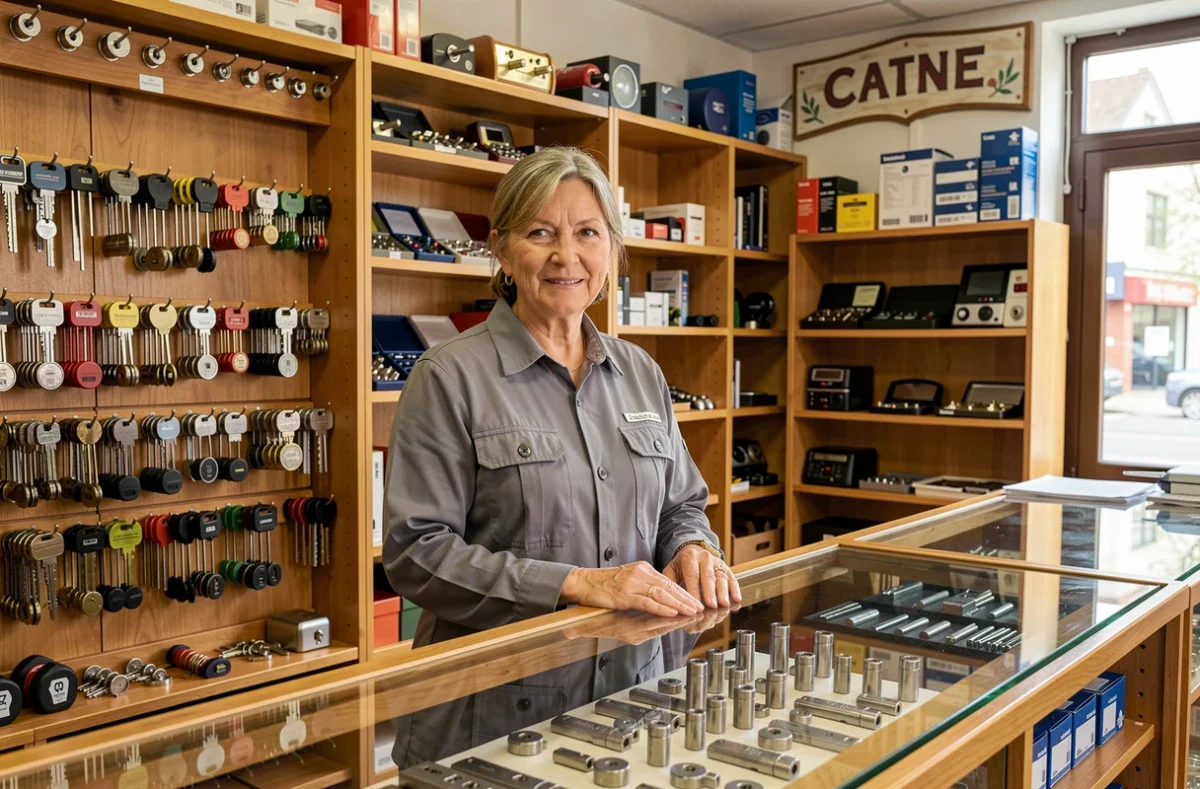 Serrurerie SEA Catherine à Caen, gérante derrière le comptoir d'un atelier de serrurerie avec clés et serrures exposées