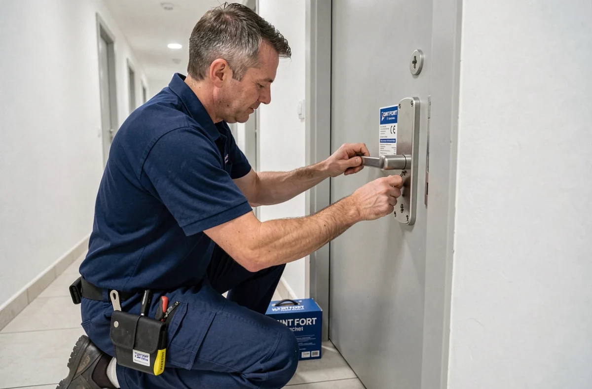 Serrurier agréé Point Fort Fichet installant une serrure haute sécurité certifiée dans un couloir d'immeuble au Havre