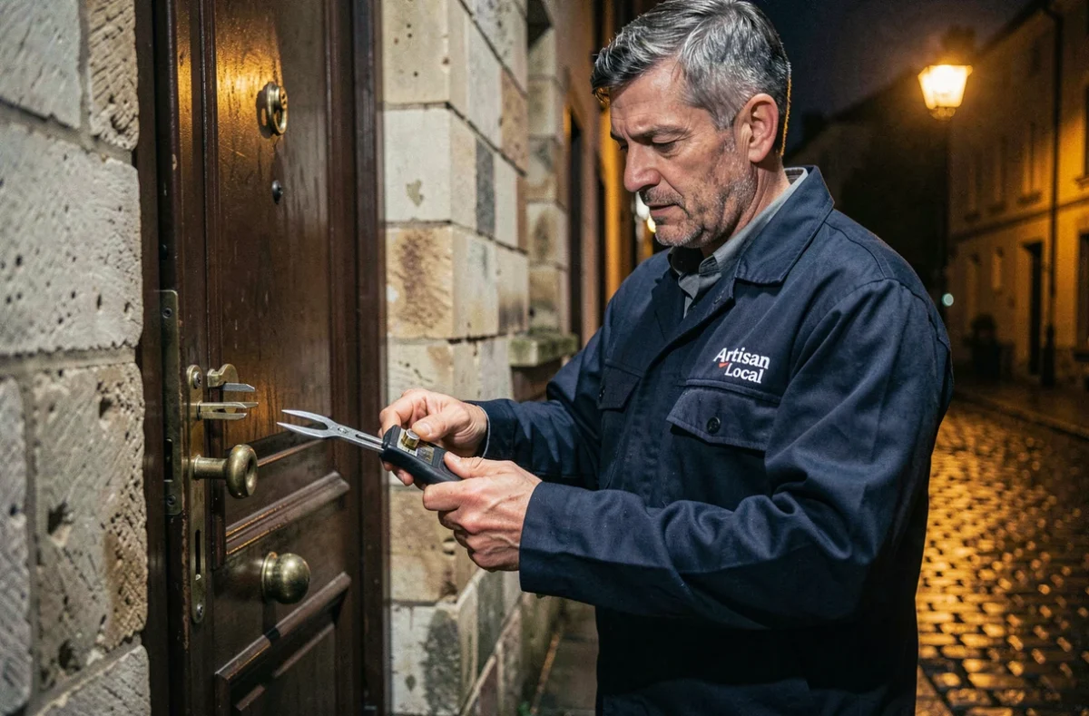 Serrurier artisan local de Caen intervenant en urgence 24h/24 devant une porte résidentielle en pierre normande la nuit