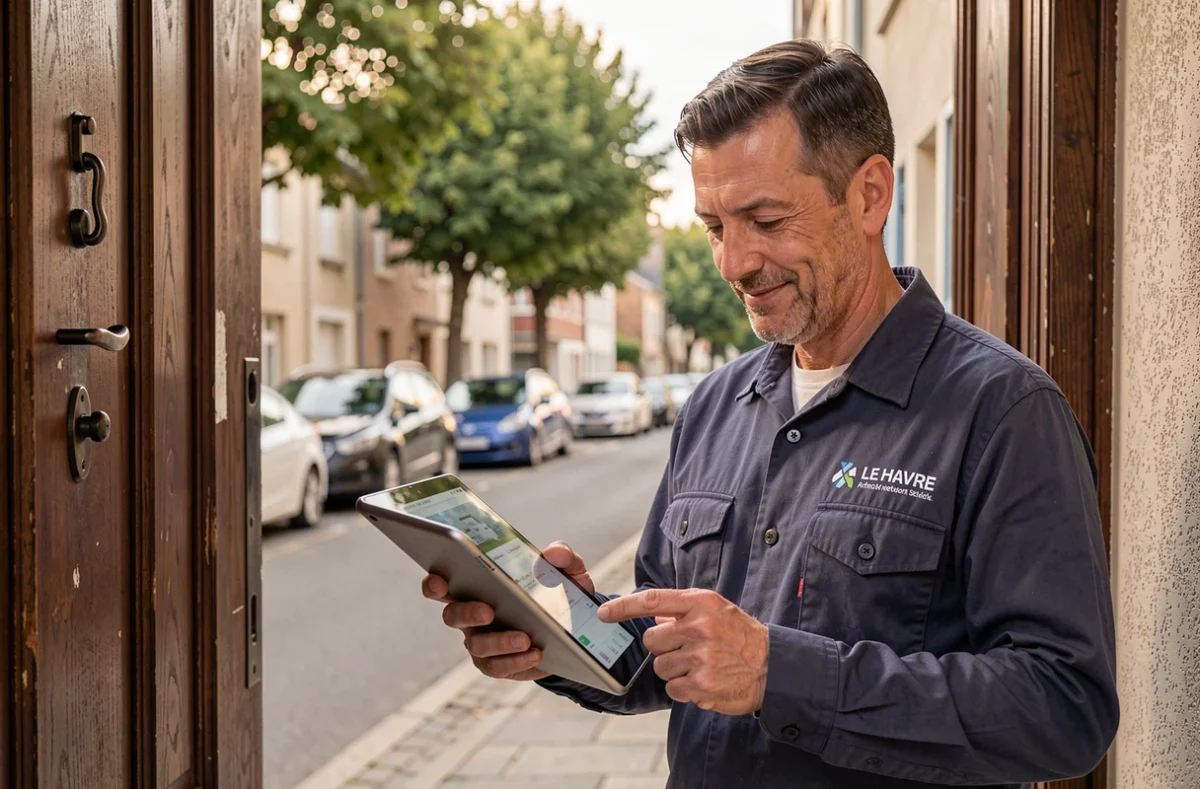 Artisan serrurier du réseau Les Bons Artisans consultant une tablette devant une porte d'entrée au Havre