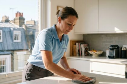 Professionnelle de nettoyage à domicile essuyant un plan de travail dans un appartement moderne de Boulogne-Billancourt