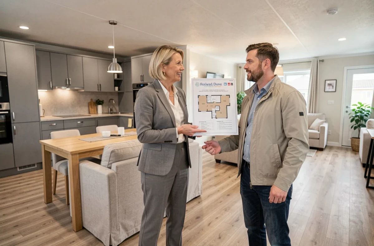Commerciale présentant les plans d'un mobil-home à un client dans un showroom moderne avec cuisine équipée et salon contemporain