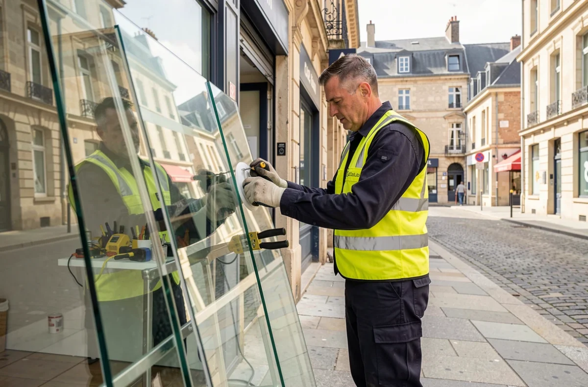Technicien de SOS Serrurerie Vitrerie à Caen posant une vitre sur une devanture commerciale avec ventouses et équipement professionnel
