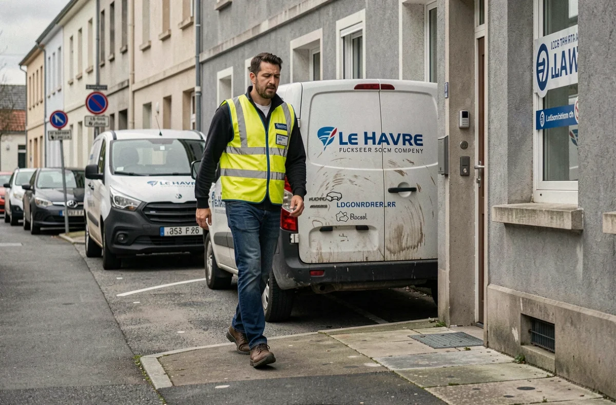 Serrurier en gilet haute visibilité arrivant rapidement en intervention devant un immeuble résidentiel au Havre avec son véhicule utilitaire