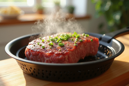 Steak haché juteux cuit à la friteuse à air sur plan de travail