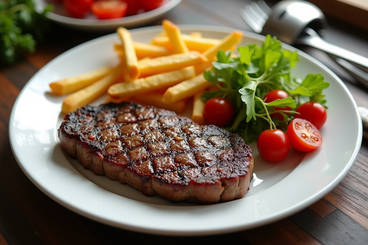 Steak haché gourmet avec frites et salade sur assiette blanche