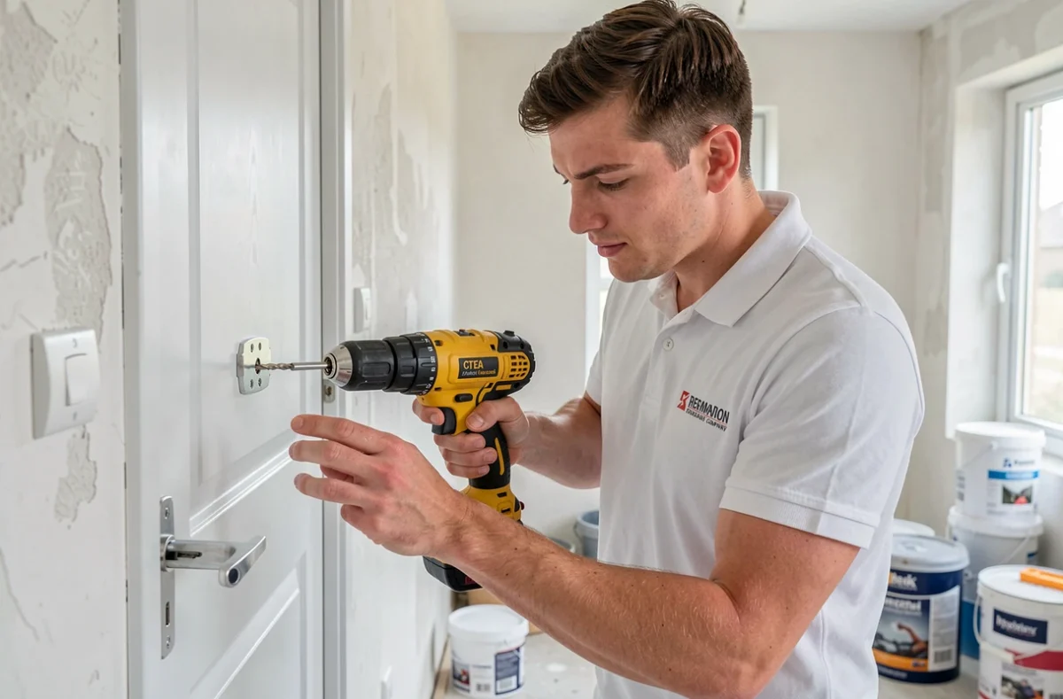 Steve Sohier serrurier de BS Rénovation à Caen posant une nouvelle serrure sur une porte intérieure lors de travaux de rénovation