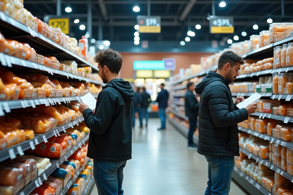 Supermarche avec étiquettes de prix en hausse et clients comparant leurs achats