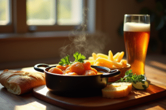 Table rustique avec carbonade flamande et frites dorées