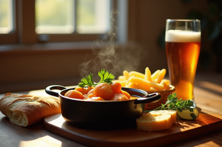 Table rustique avec carbonade flamande et frites dorées