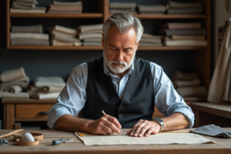 Tailleur homme mesurant du tissu dans son atelier