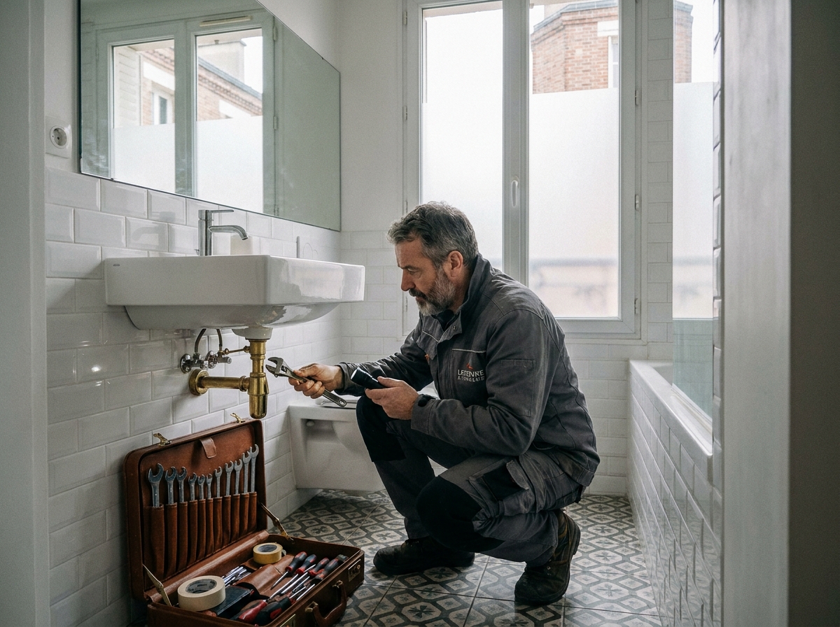 Technicien de maintenance à domicile inspectant la plomberie d'une salle de bain dans un appartement de Boulogne-Billancourt