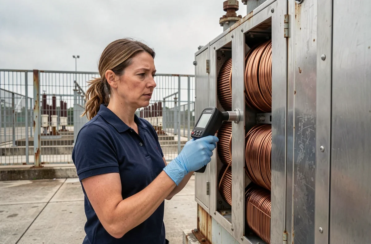 Technicienne mesurant le champ magnétique d'un transformateur électrique dans un poste de distribution extérieur
