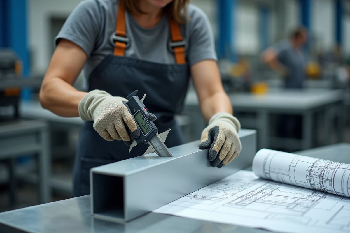 Technicienne mesurant l'épaisseur d'un tube aluminium rectangulaire avec un pied à coulisse