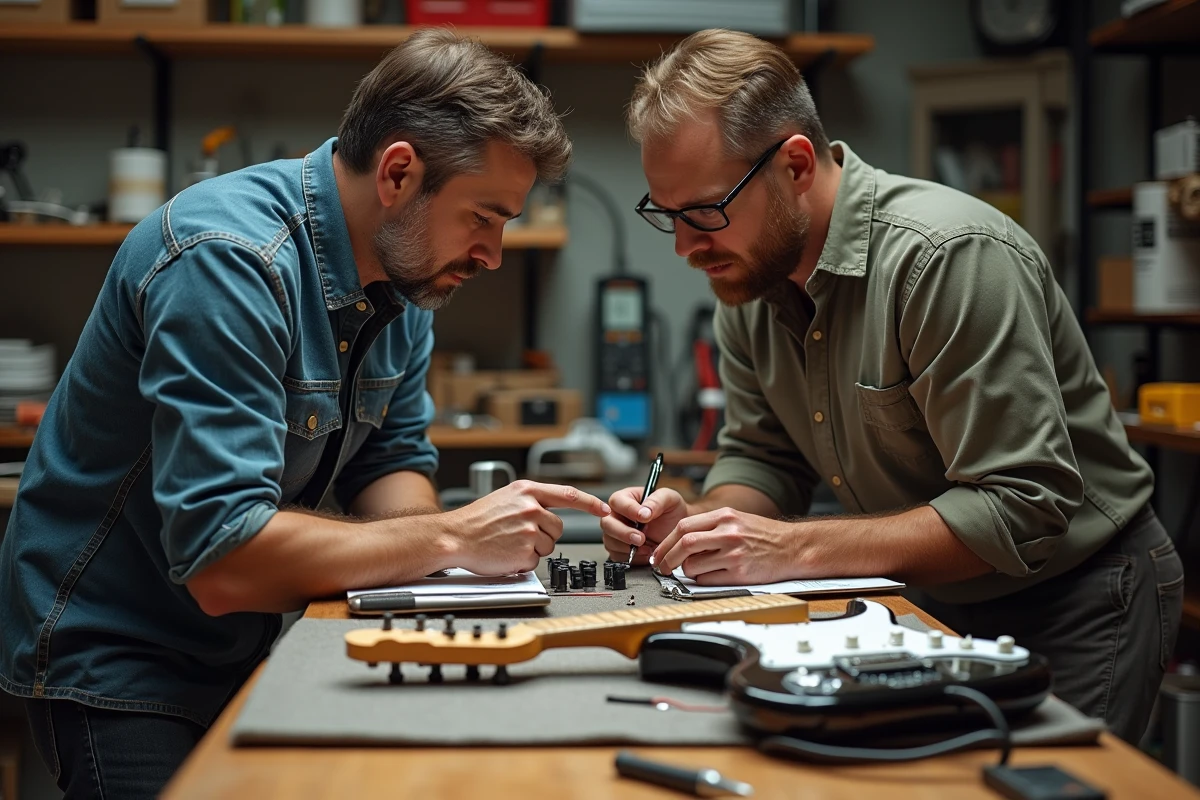 Deux techniciens guitaristes comparant des micros Samarium Cobalt noiseless d'occasion sur un établi de réparation