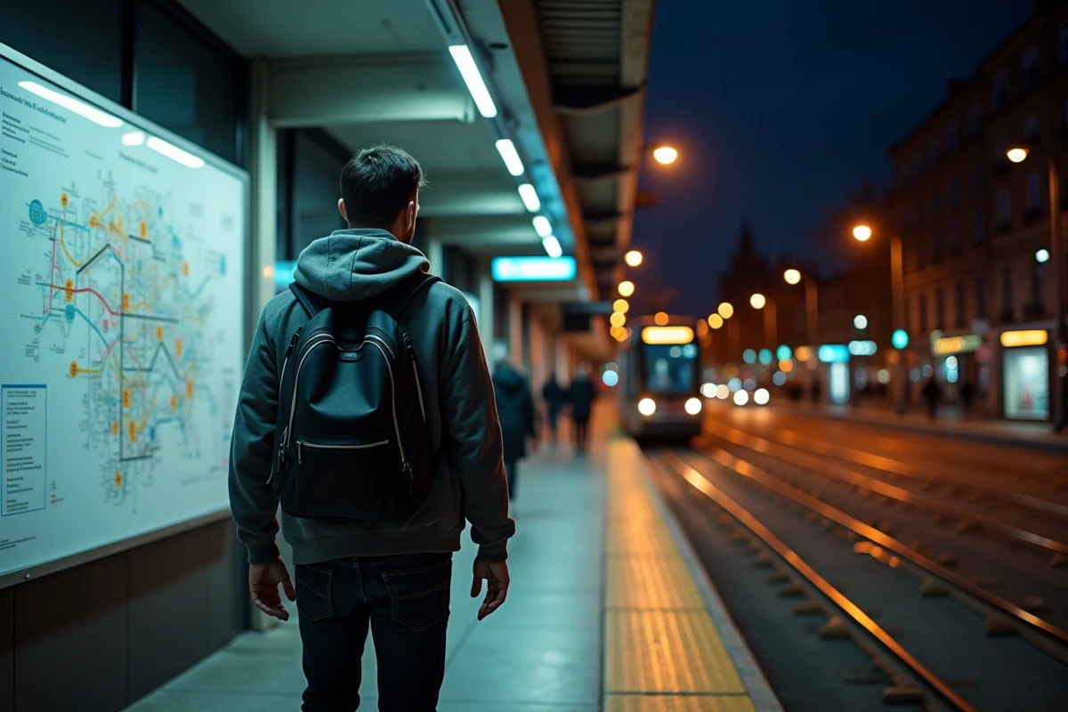 Voyageur consultant le plan du réseau de tram de Bordeaux à un terminus en fin de nuit