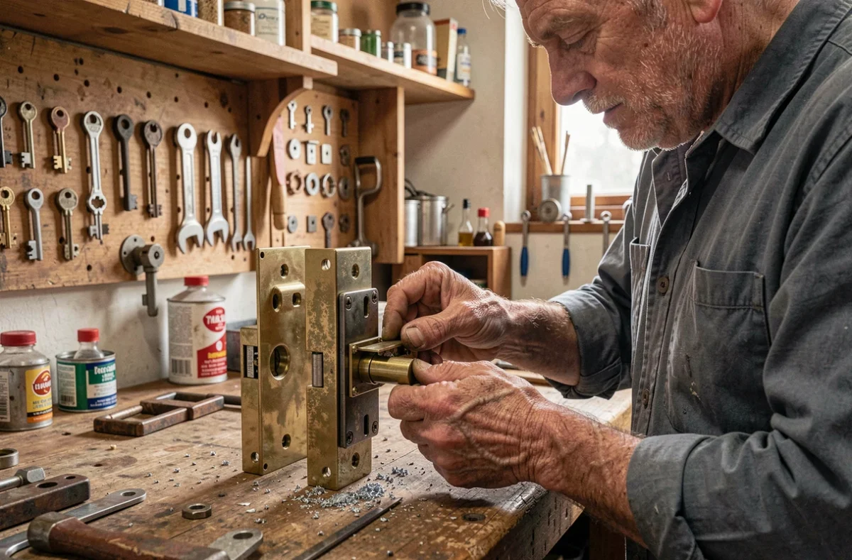 Artisan serrurier travaillant à la main sur un mécanisme de serrure en laiton dans son atelier au Havre