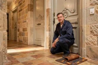 Serrurier professionnel intervenant sur une porte ancienne dans un couloir en pierre de Caen, illustrant le thème du top 10 des serruriers à Caen